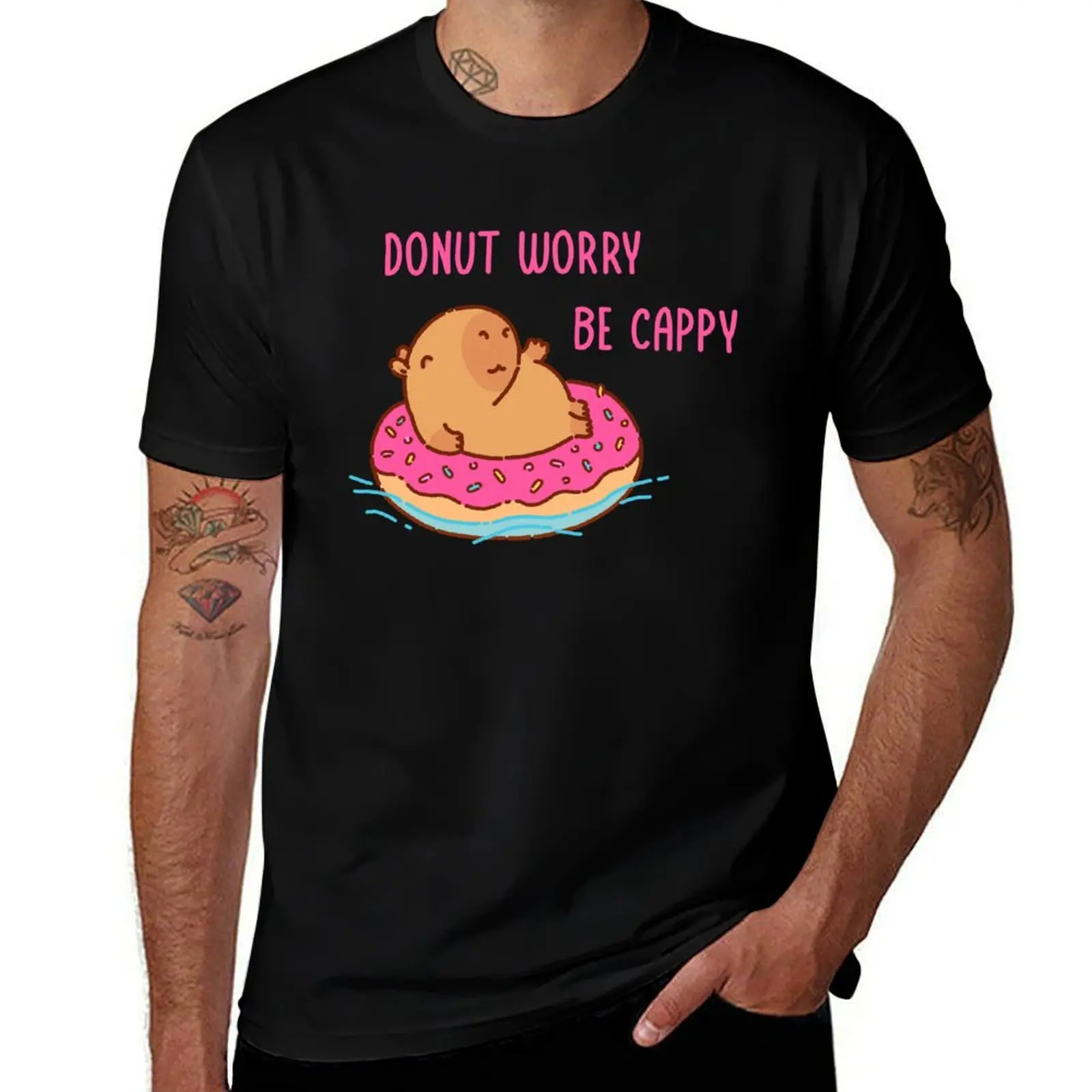 Capybara floating in a donut floater, donut worry be cappy T-Shirt Large Size Soft Cotton T-Shirt