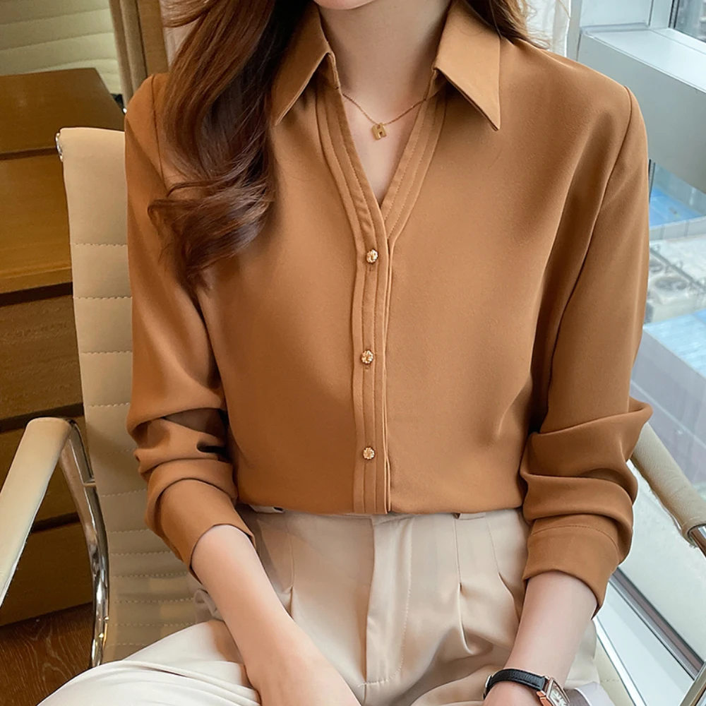 Korean Fashion Office Lady Shirts Chiffon Blouses Women Long Sleeve Tops Woman Vintage White Shirt Blouse Blusas Mujer Moda 2024