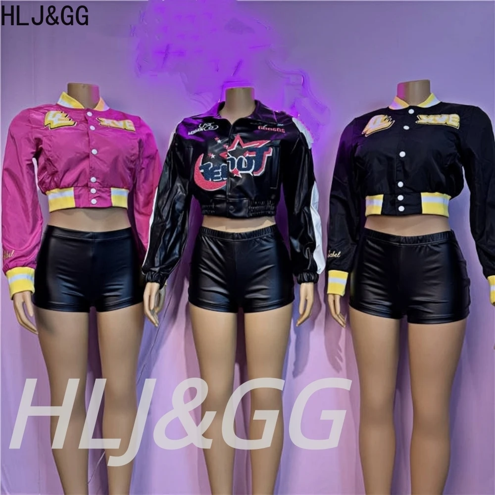 

HLJ&GG Y2K модная бейсбольная куртка с вышивкой и буквами, комплект из двух предметов, женский топ на пуговицах с длинными рукавами и кожаные шорты, наряды