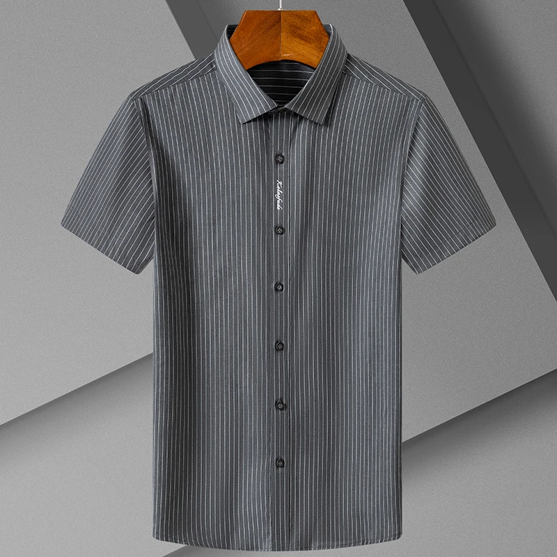 Casual elastic short sleeve shirts for men striped slim fit social shirt quality embroid button tops soft formal white clothes