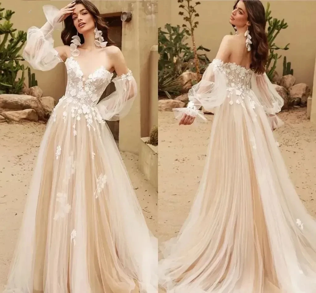 Vestido de novia clásico de tul con corte en A, manga larga desmontable, elegante, sexy, escote Corazón, Espalda descubierta, novedad de 2024