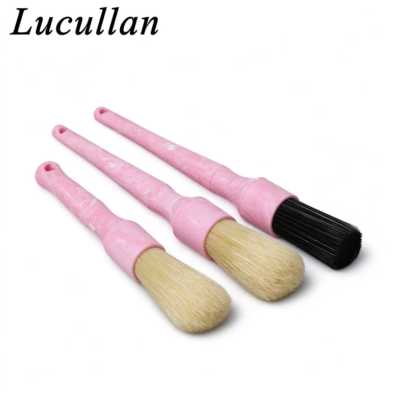Lucullan 3PCS Marble Pink Handle Car Detailing Brush Set Soft Bleached Boar's Hair Auto Interior Exterior Cleaning Brushes