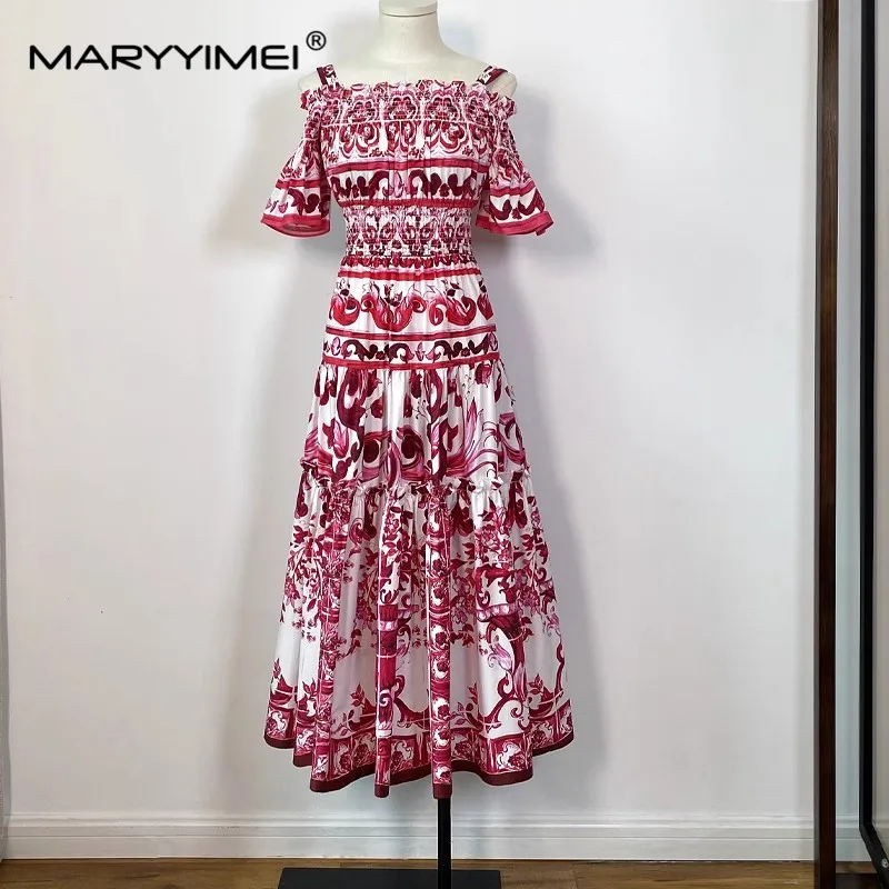 MARYYIMEI Spaghetti Strap Off shoulder Elastic waist Cotton Women's dress