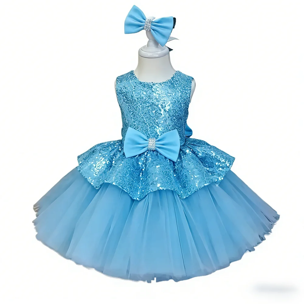 

2026 New Pink Girls Sequin Bow Princess Dress Children Pageant Formal Celebration Outfit Clothes Kids First Birthday Party Gown