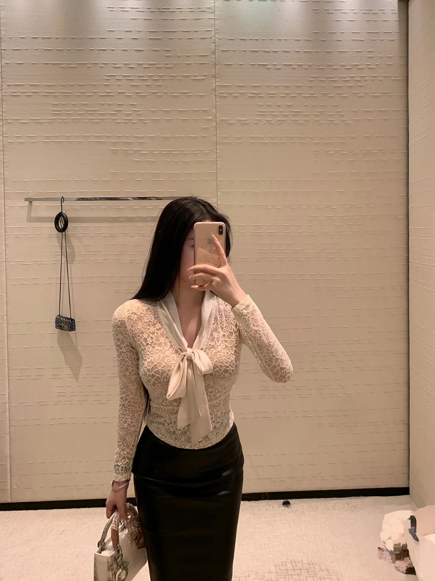 

Ele Satin Lace Top with Bow Tie by the SWAN Luxury Brand Women's Faion V-Ne Long Sve Pure Color Slim Fit Design