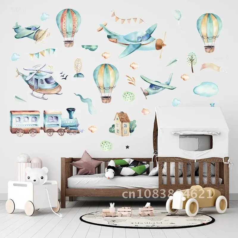 

Hand Paint Watercolor Cartoon Airplane Train Wall Stickers Hot Air Balloon Stickers for Kids Room Nursery Decoration Wall Decals