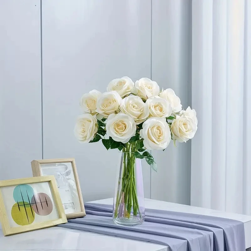 Exquisite 12pcs/lot White Artificial Rose Flowers Long Branch Faux Roses for Wedding Decorate Valentine\'s Day Home Bride Bouquet