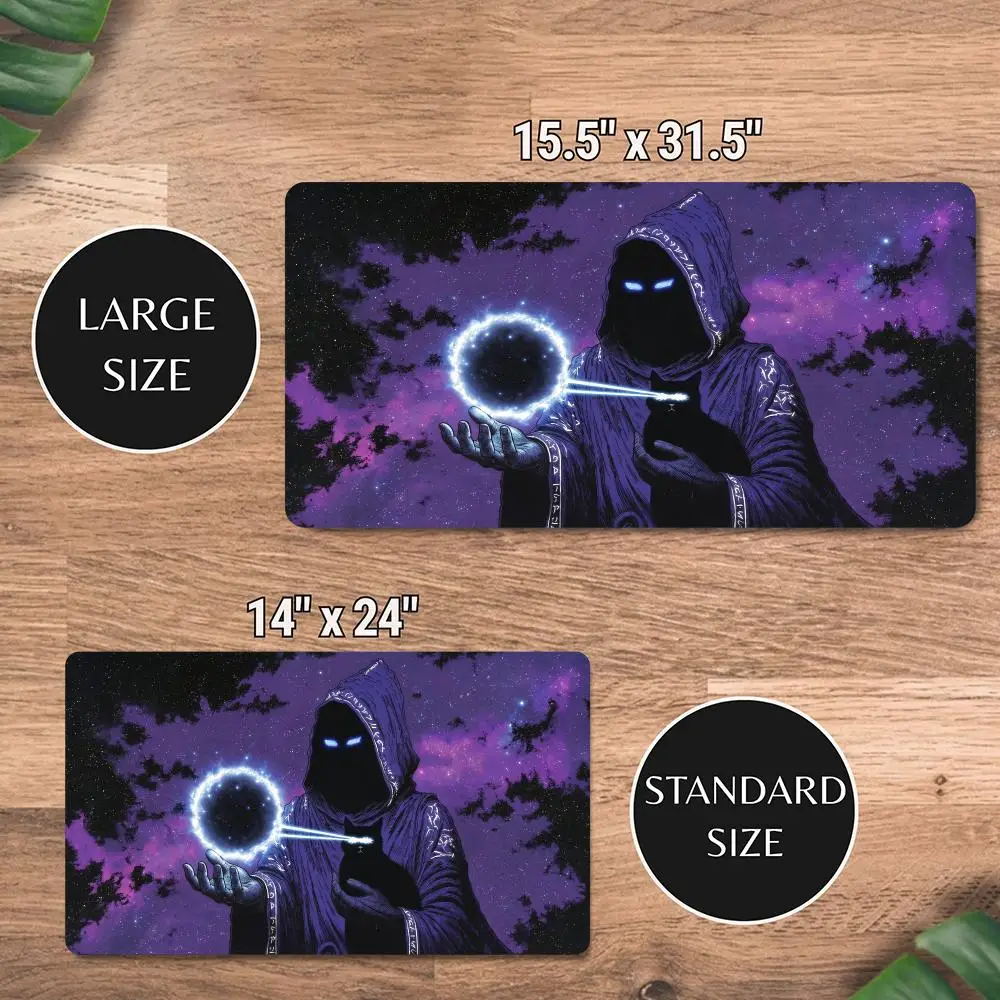 Purple Galaxy Mystic Wizard with Black Cat TCG Playmat 350X600MM Magic Party MTG Card Game Desk Mat Non‑Slip Rubber Mouse Pad