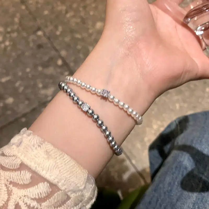 French Shiny Zircon Pearl Bracelet for Women Minimalist Handmade Beaded Jewelry for Office Daily Wear Gift for Her