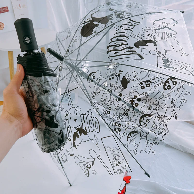 Crayon ShinChan Cartoon Transparent Umbrella Anime Foldable Umbrella Cute Simple Black and White Automatic Folding Umbrella Gift