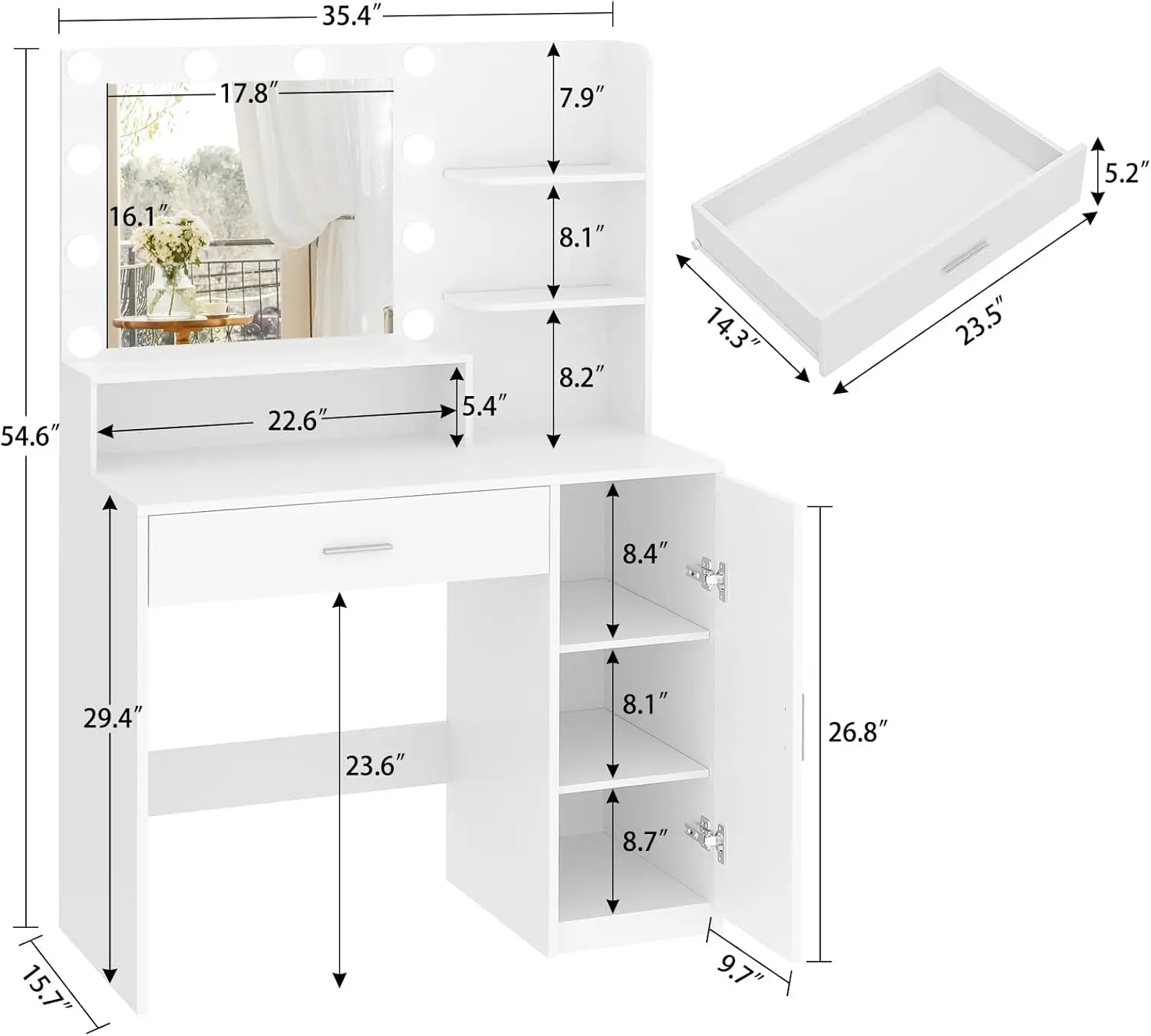 Vanity Desk with 10 Lights & Mirror, 3 Storage Shelf, Big Drawer, Cabinet with Shelves, 3 Lighting Modes & Adjustable