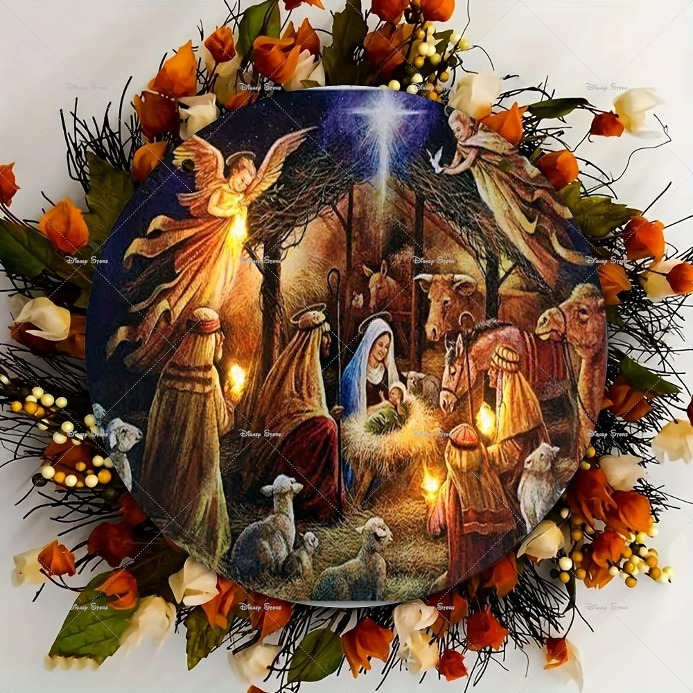 Advent Themed Wooden Sign Nativity Scene Wall Hanging Christmas Decoration Round Wooden Hanging Sign Gift For Family And Friends view 3