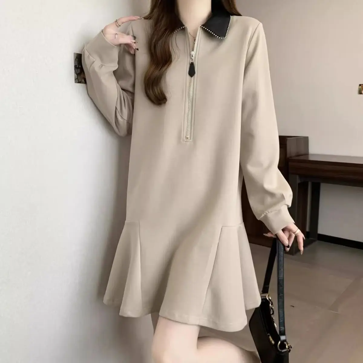 Plus Size 5XL 150kg Autumn Women Loose Waist Dress Turn Down Collar Long Sleeve Solid Dresses Ladies Casual Oversized Dress