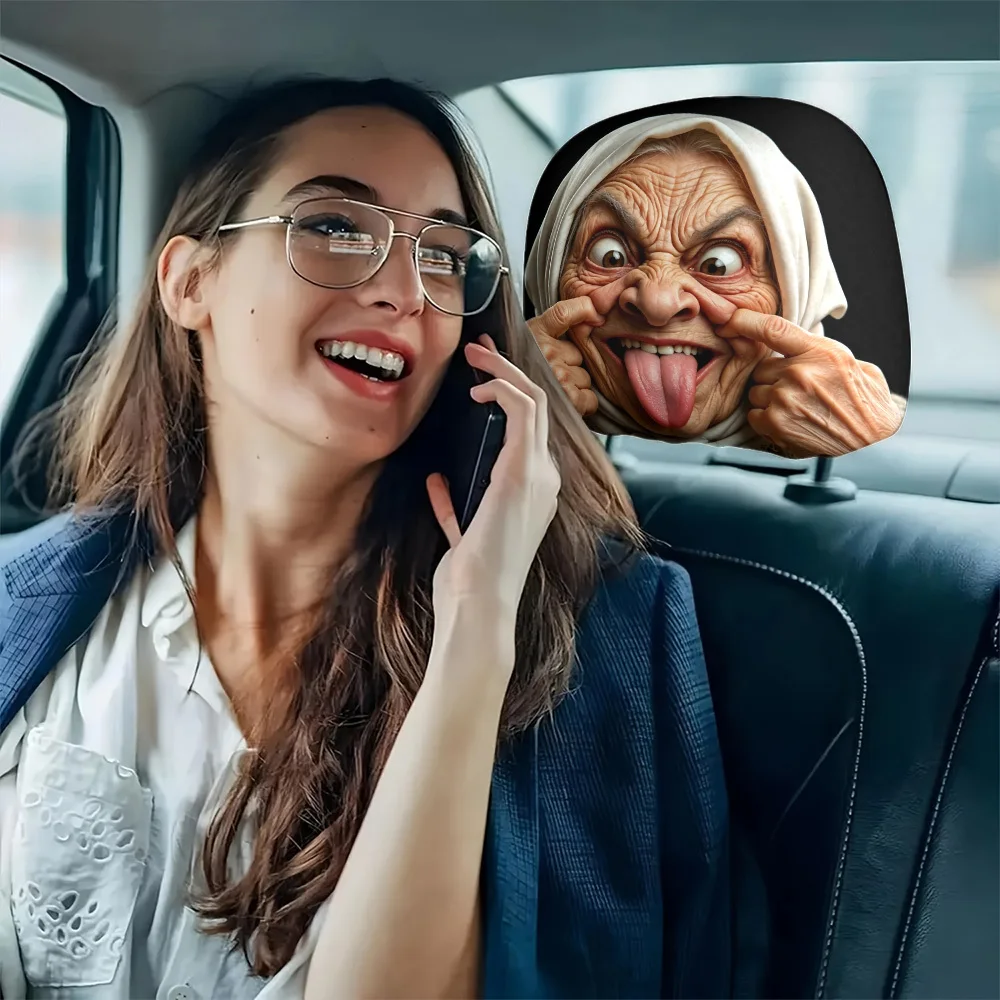 Funny Old Lady Print Car Headrest Covers, Versatile for Commuting, Road Trips & Outings