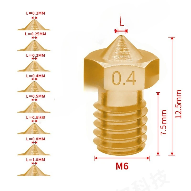 3D Printer Accessories E3D Brass Nozzle V5 v6 Printhead Nozzle M6 Threaded 1.75/3 Consumables Nozzle