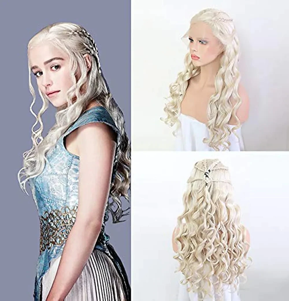 Blonde Body Wave Synthetic Lace Front Wig with Six Plaits Pre Plucked Glueless Half Hand Tied Cosplay Wigs