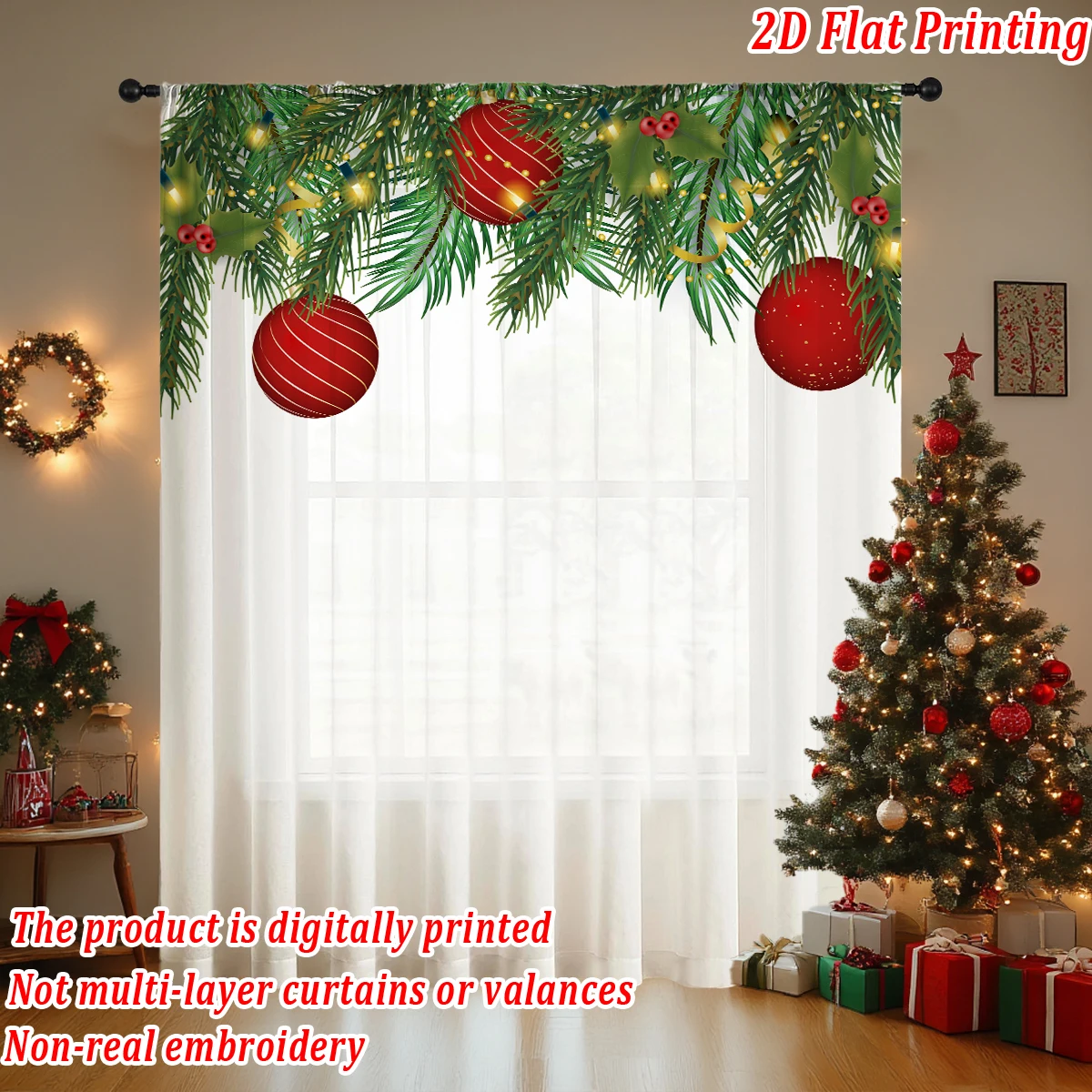 Christmas Flat Printing Sheer Curtain with Christmas Ball Mistletoe Pine Branches for Living Room Bedroom Decor Holiday Party