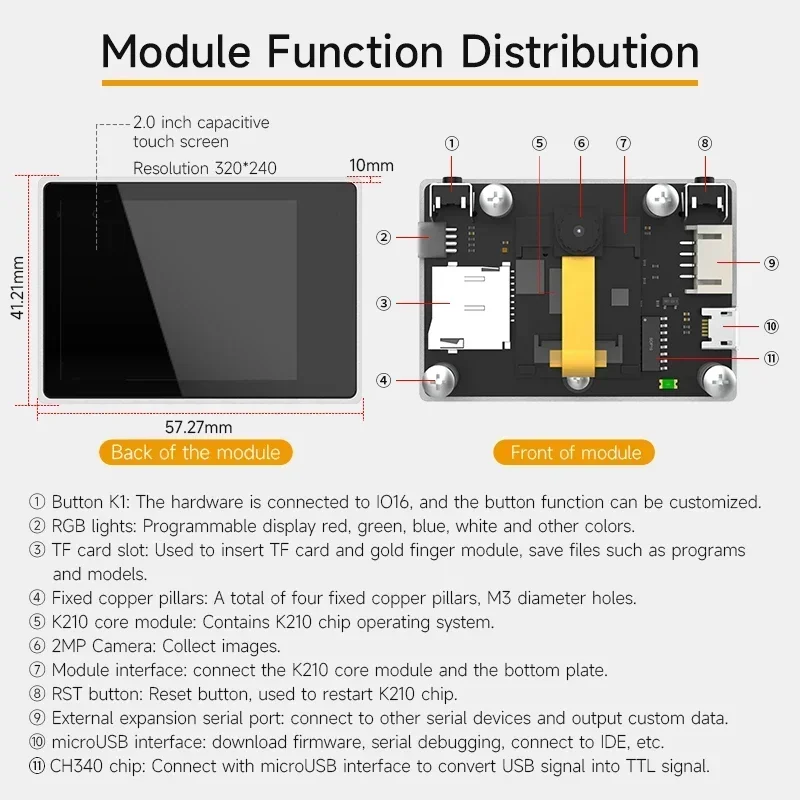 K210 Visual Recognition Module with 2MP Camera OV2640 2.0-inch LCD Capacitive Touch Screen For Robot Car Kit Raspberry Pi