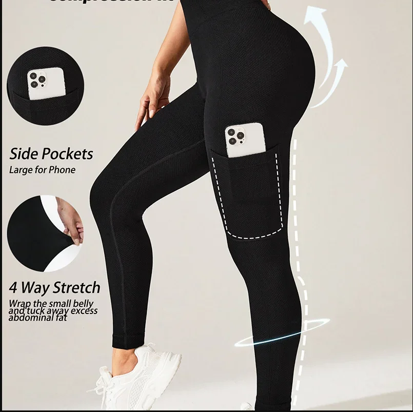 

Pockets Gym Seamless Leggings Women High Waist Push Up Fitness Yoga Pants Outdoors Comfortable Knitted Sport Leggings
