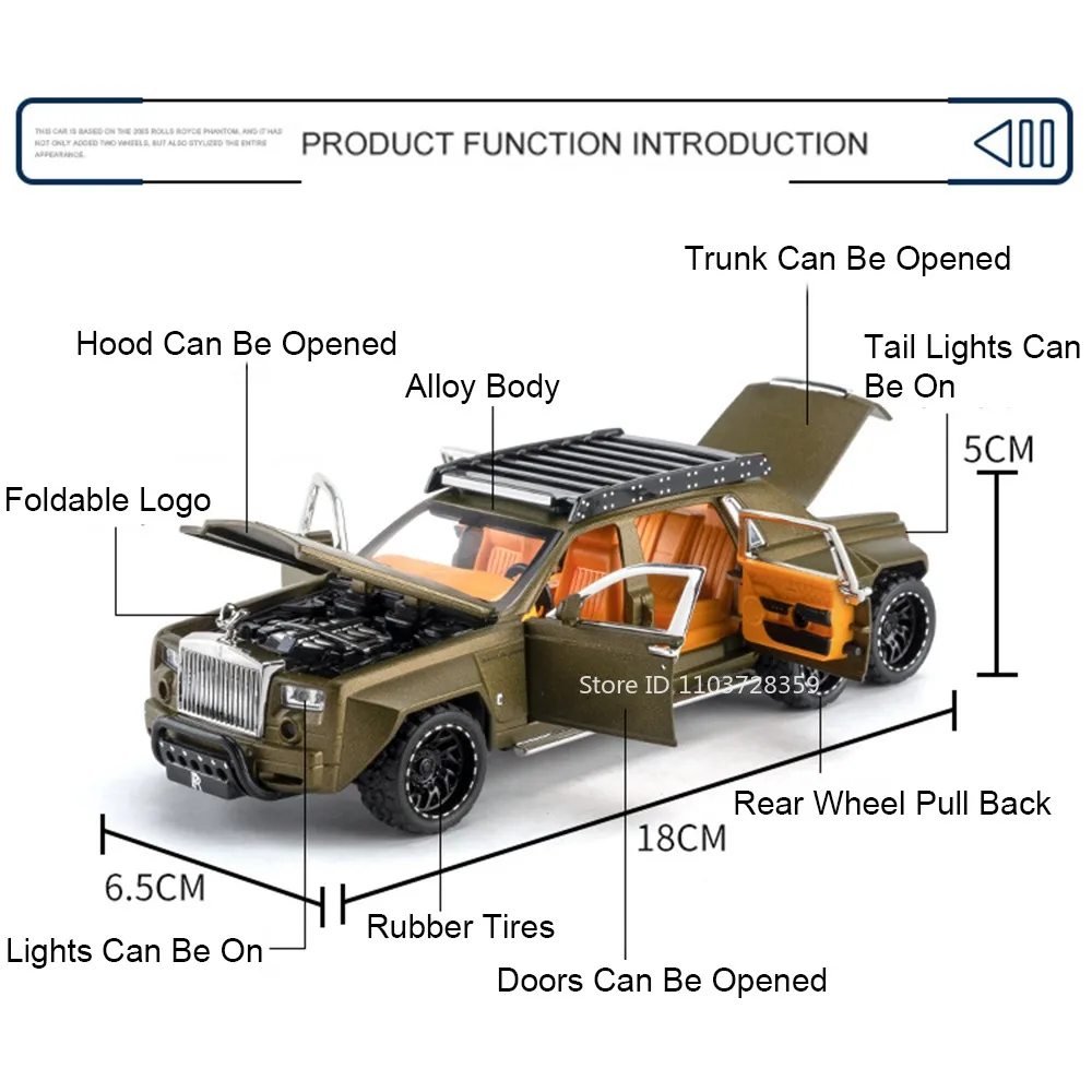 รถของเล่นจำลอง Rolls-Royce Cullinan Phantom สเกล 1:32 ผลิตจากโลหะผสม พร้อมเสียงและไฟ มีระบบดึงหลัง ภายในประณีต เหมาะสำหรับเป็นของขวัญสำหรับเด็ก