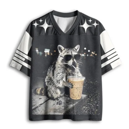Cool Raccoon With Sunglasses Drink Bubble Tea Print Men V Neck Mesh Jersey Streetwear Short Sleeve Top