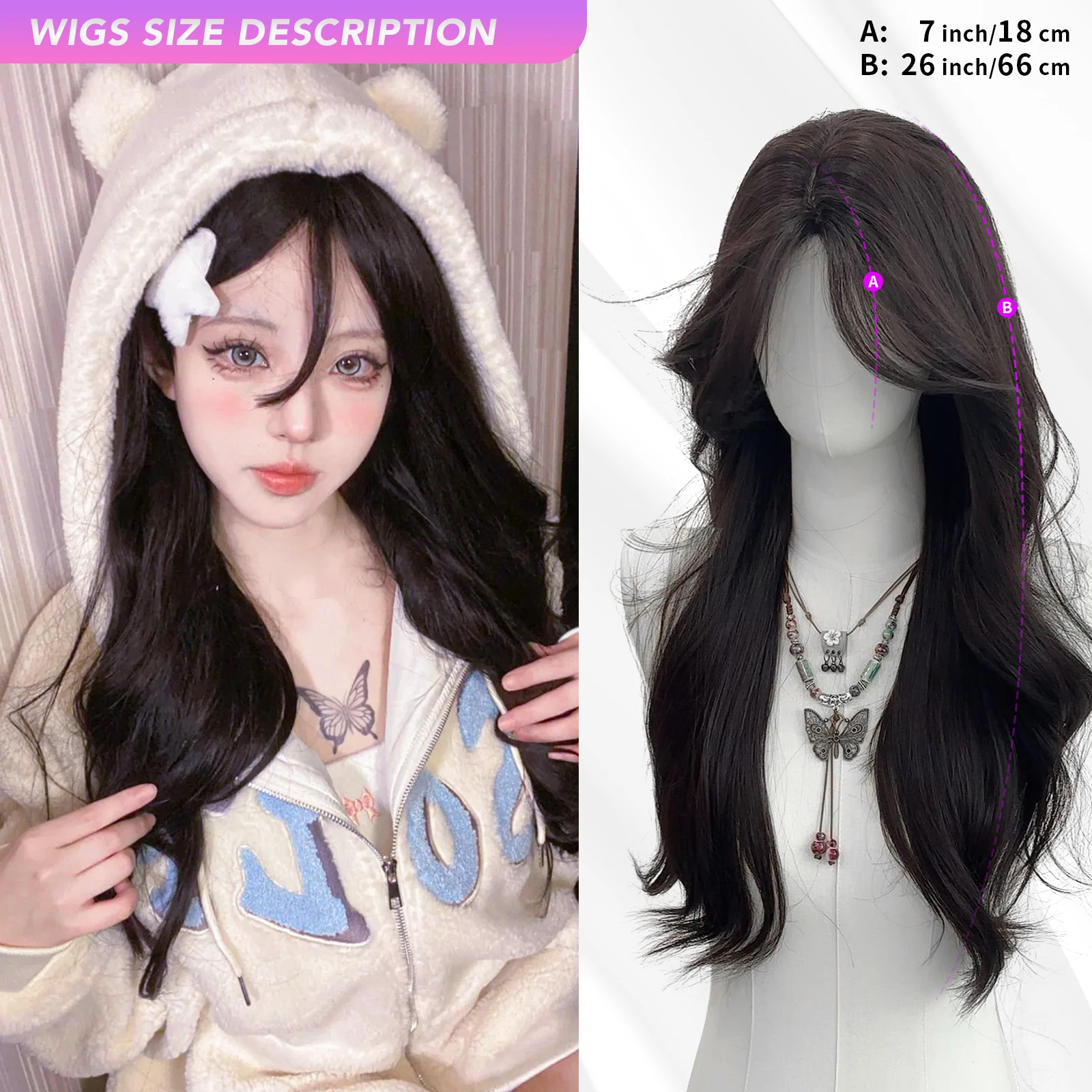 MEISU 26 بوصة شعر مستعار طويل مموج الشاي الأسود الألياف الاصطناعية مقاومة للحرارة الطبيعية وسلسة تمديد الشعر لزيادة حجم الشعر النساء #3