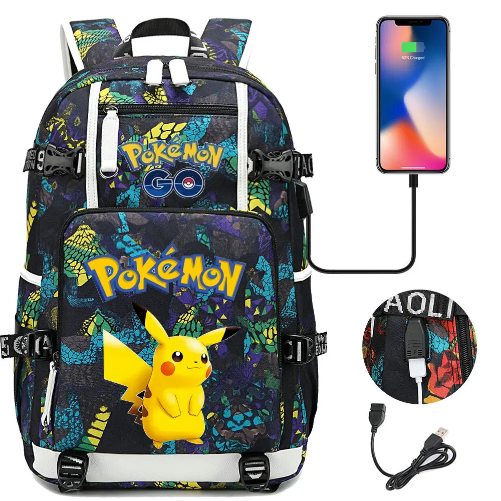 POKEMON Pikachu Backpacks Camouflage USB Teens School Bags Waterproof Boys Girls Casual Travel Laptop knapsacks