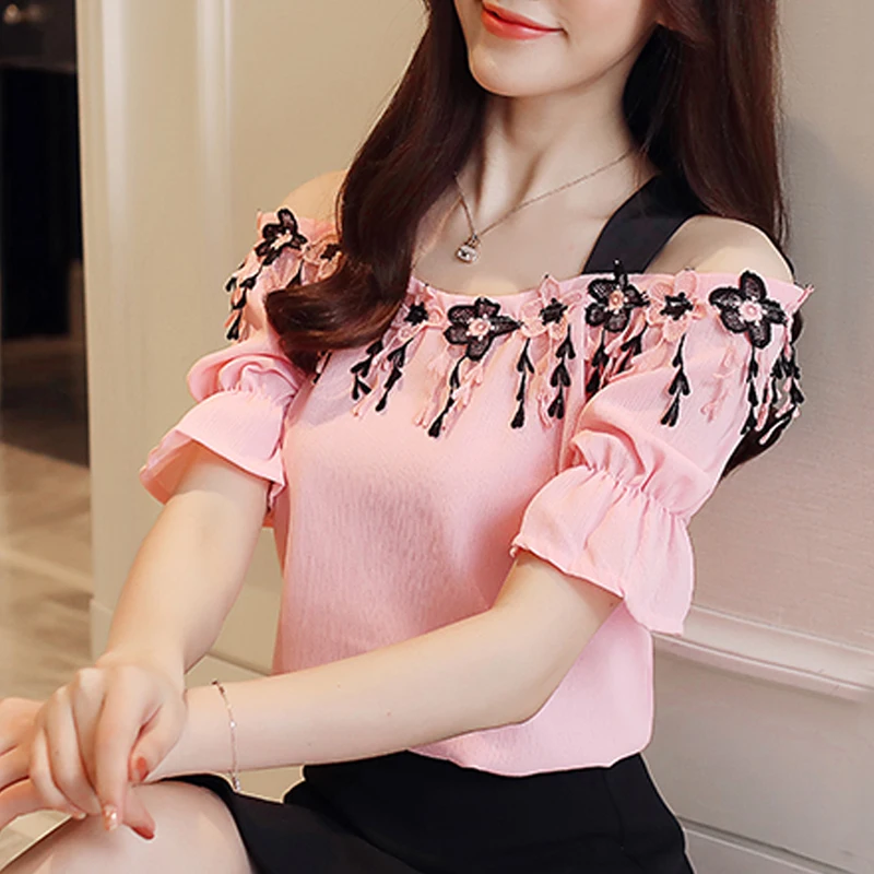 Womens Tops And Blouses Sexy Slash Neck Chiffon Blouse Shirt Off Shoulder Top Short Sleeve Summer Top Women Shirts Blusas B62