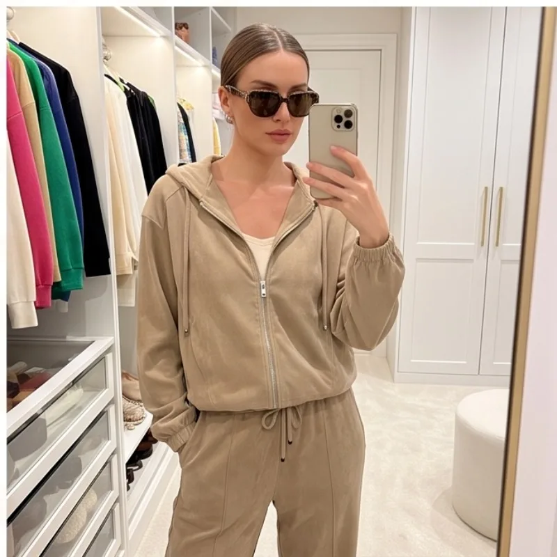Women S Winter 2 Piece Pants Set 2026 New Minimalist Style Zipper Hooded Jacket and Wide Leg Drawstring Trousers Female Outfit