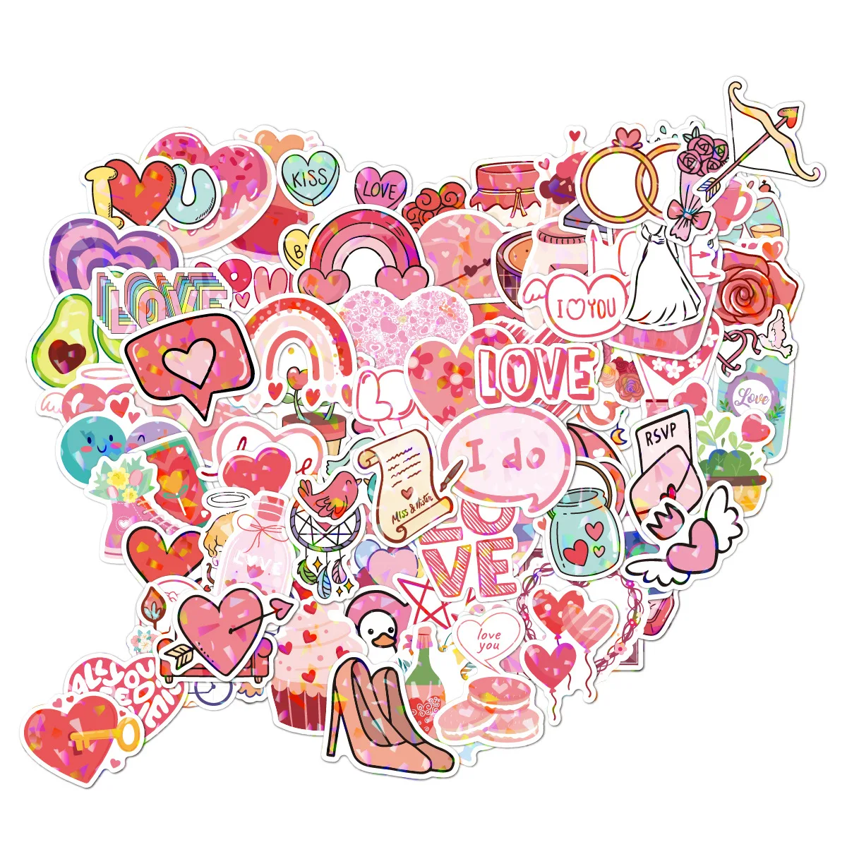 50pcs Shiny Love Stickers Pink Valentine\'s Day Sticker Laser Waterproof Stationery Scrapbook Label Diary Journal Gift Decoration