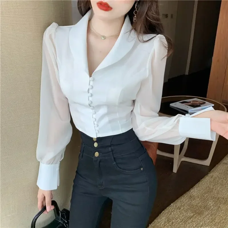 Womens Crop Tops 2024 Blusas Mujer De Moda V-neck Bandage Bow Slim Waist Chiffon Blouses Korean Elegant White Shirt