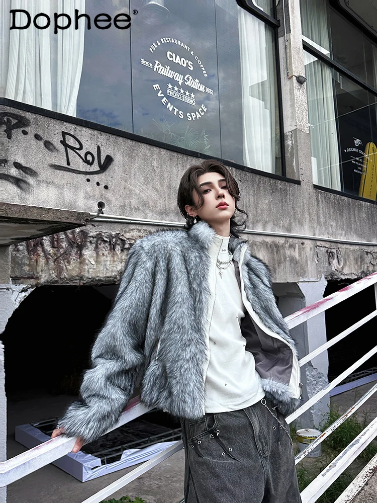 Trendy Male Imitation Fur Mink Jackets Men's 2024 Autumn Winter New Loose Grey Faux Fur Coat Long Sleeve Zipper Faux Fur Coats