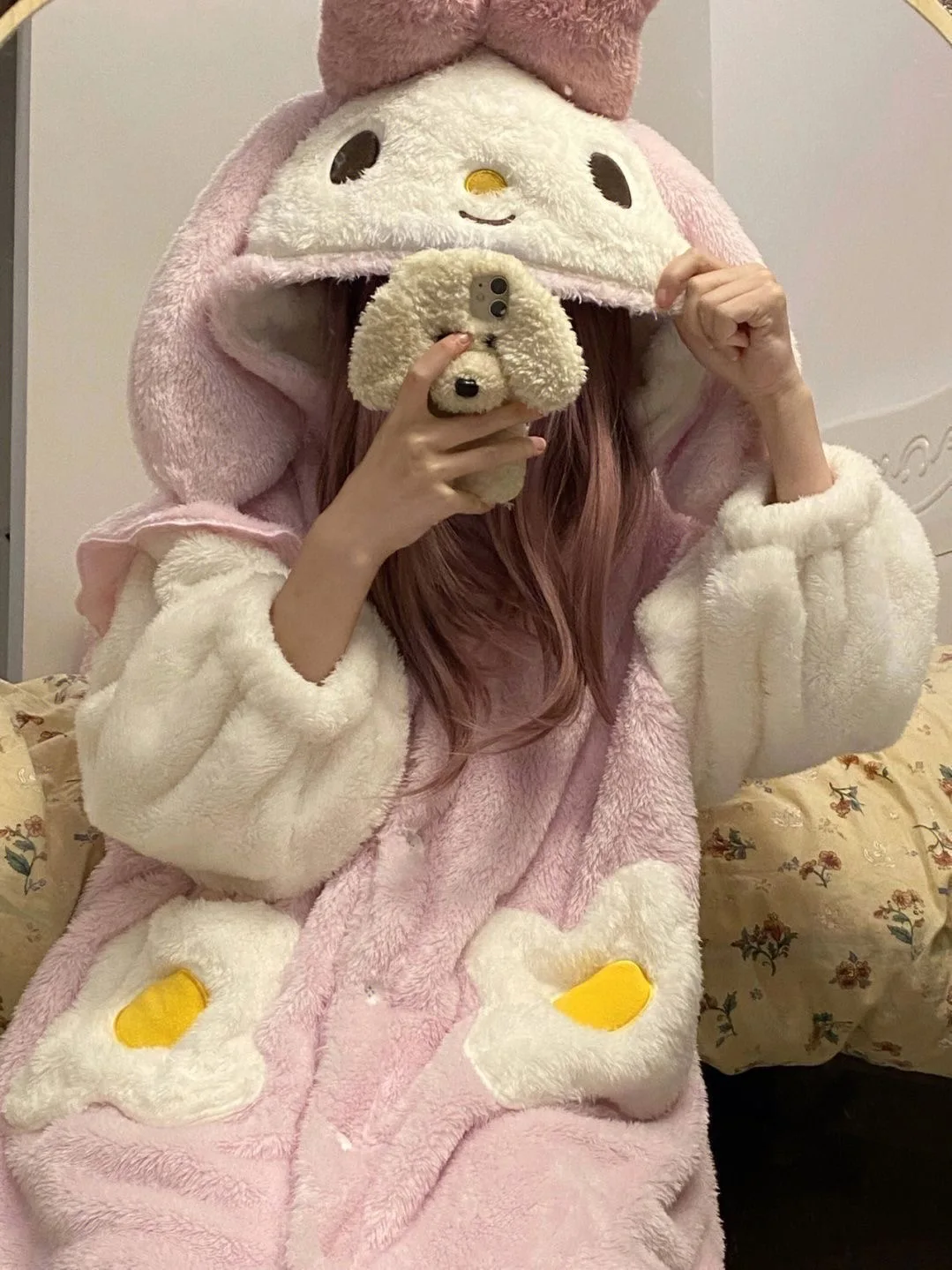 Autumn and winter new cute rabbit hooded pajamas coral velvet fun cartoon women\'s pajamas set thickened robe nightgown