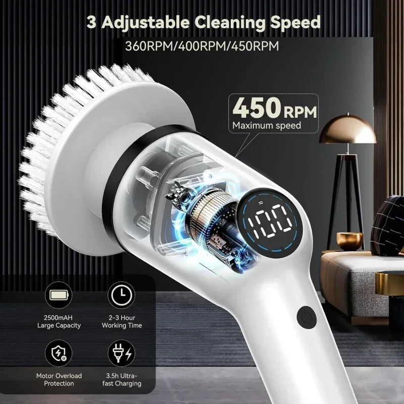 QWElectric Spin Scrubber, cepillo de limpieza inalámbrico IMAXTOP con 8 cabezales de cepillo reemplazables, con limpiador de ducha ajustable