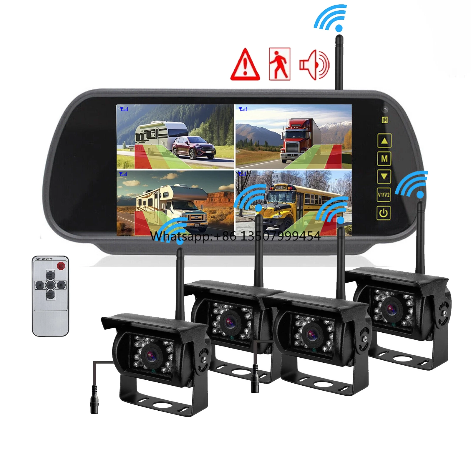 Digital Wireless 7 Inch Car Rear View Mirror Monitor 4ch BSD Ai Detection Sound Alarm 4x Reversing Backup Camera for Truck Rvs