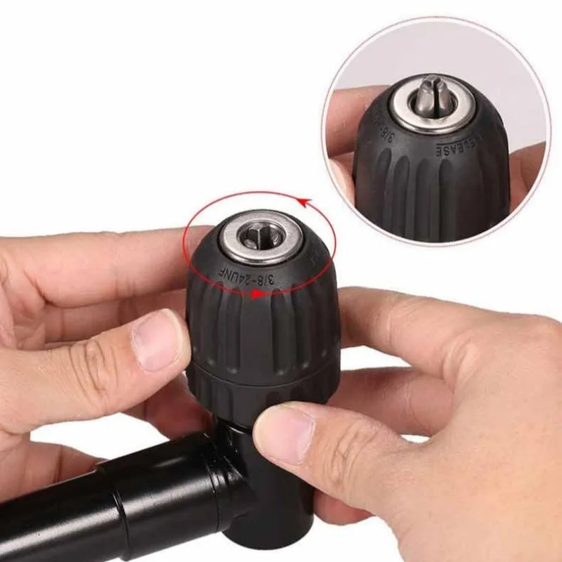 

90-градусная черная прямоугольная электрическая дрель, угловой инструмент, токарный инструмент из алюминиевого сплава, адаптер железного патрона, инструмент для сверления узкого пространства