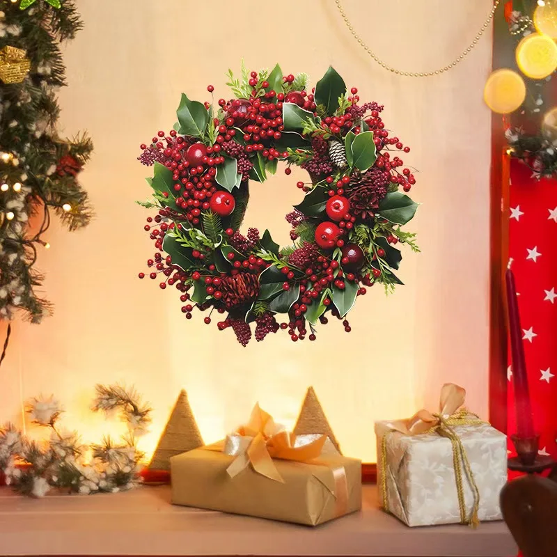 1PC Christmas Artificial Pine Acacia Flower Wreath Decorative Wall Sticker for DIY Home Glass Doors Windows Self-adhesive Decor