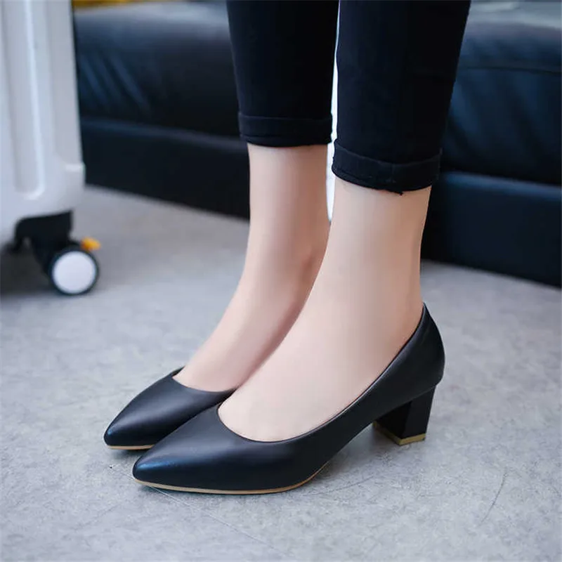 Soft Leather Pumps Women Shoes Comfortable Office Shoes Square Heel Shallow Pointed High Heels Slip-On Ladies Wedding Shoes