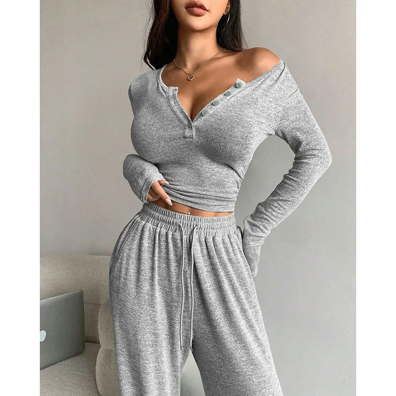 

Осень/зима, короткие облегающие сексуальные брюки с v-образным вырезом и длинными рукавами, широкие брюки с карманами, модный повседневный женский пижамный комплект, который можно носить, как O