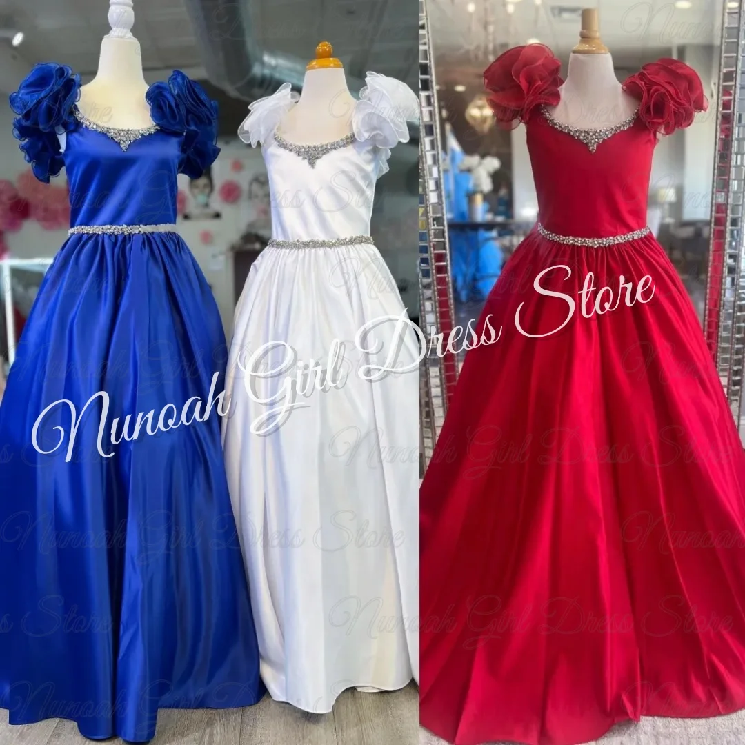 

Royal Blue Satin Flower Girl Dresses Pageant Gown for Wedding Ruffles Crystal Floor Length Birthday Party First Communion Gowns