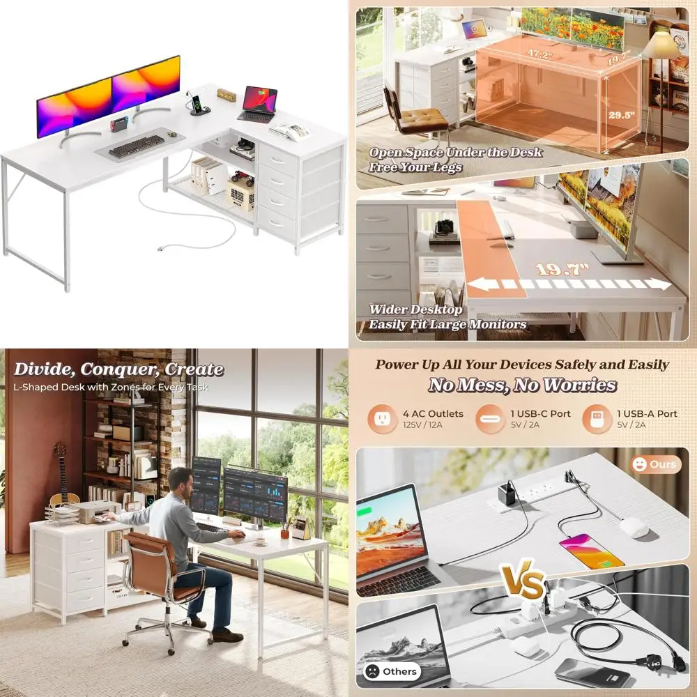 

PRAISUN 61 L-Shaped Desk with Integrated Power and USB-C Charging, Reversible Computer Area, 4 Fabric Drawers, and 2 Hutches for
