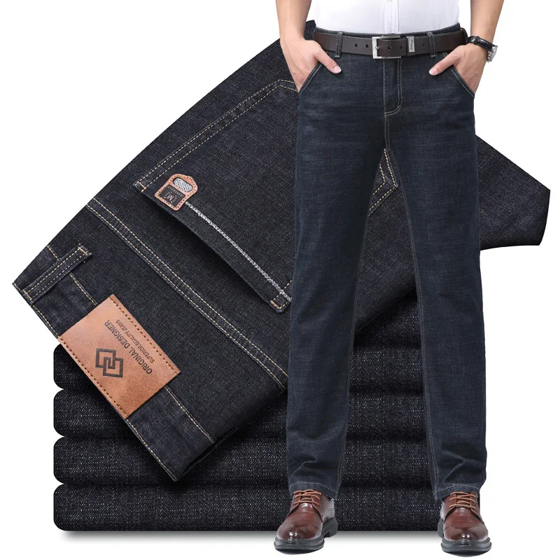 2025 New Embroidery Fashion Straight Jeans Men Stretch Black Blue Slim Fit Pants Comfortable Business Denim Trousers 28-40