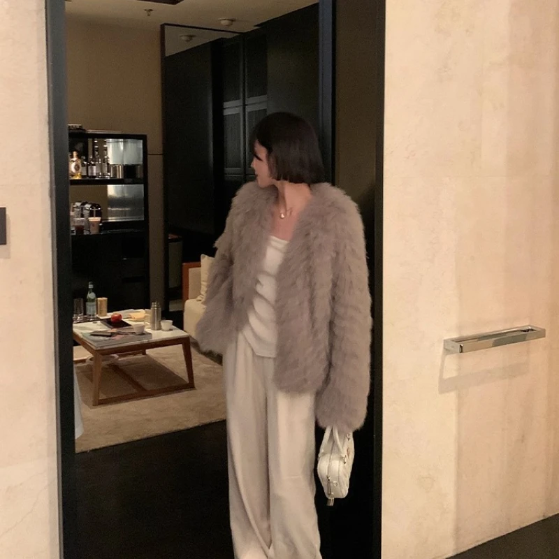 YOLANFAIRY 천연 여우털 코트 여성 겨울 따뜻함 V넥 긴팔 우아한 한국 스타일 천연 여우털 자켓 여성 2025