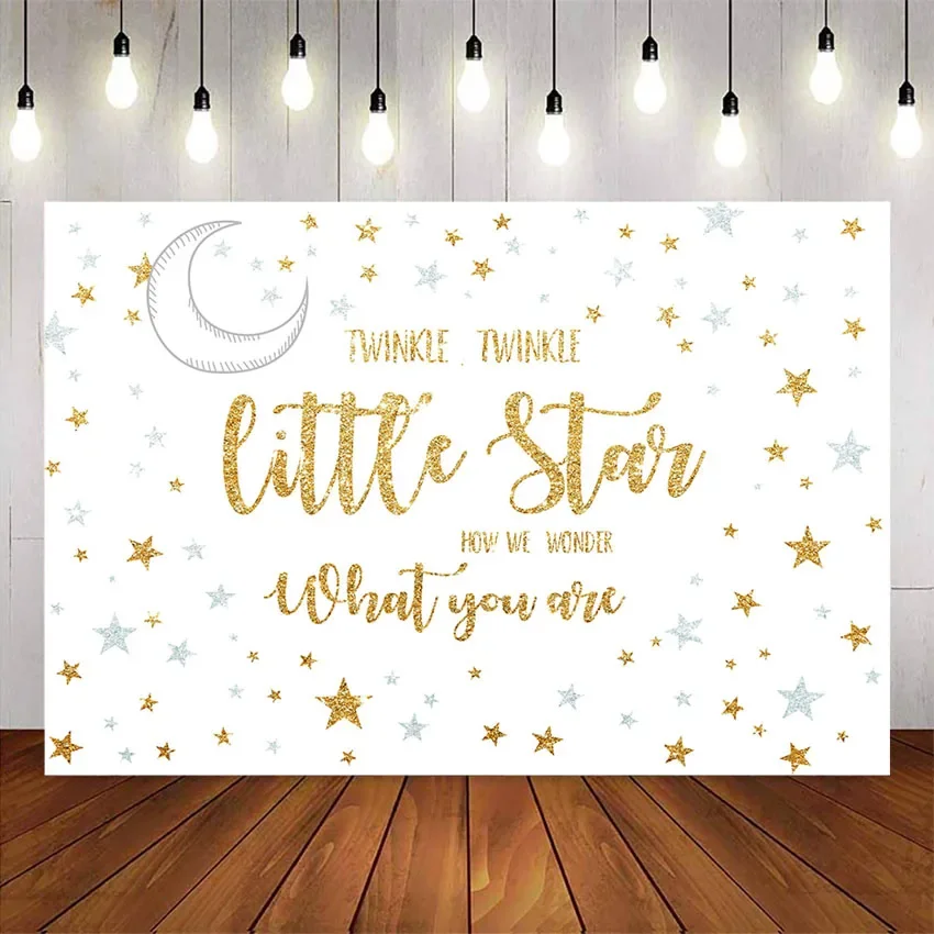 Twinkle Twinkle Little Stars Baby Shower Backdrop Glitter Gold Stars Background for photo studio Sliver star and moons party