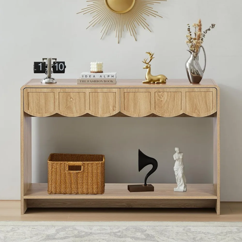 طاولة كونسول مقاس 43 بوصة على طراز منتصف القرن مع أدراج وأرفف مفتوحة للمدخل الضيق ولمسات المدخل