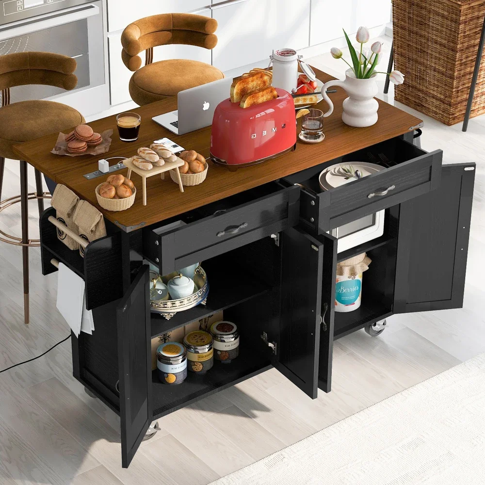 53.5''Farmhouse Kitchen Island  Power Outlet, Kitchen Storage Island with Drop Leaf, Kitchen Cart on Wheels, for Dining Room