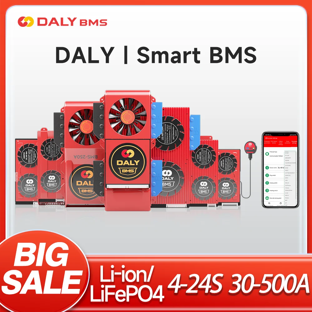 Daly Smart BMS 4S Lifepo4 12V 8S 24V 16S 40A 60A 100A 150A 200A 300A 400A 500A APP Bluetooth per inverter solare RV RS485 CAN