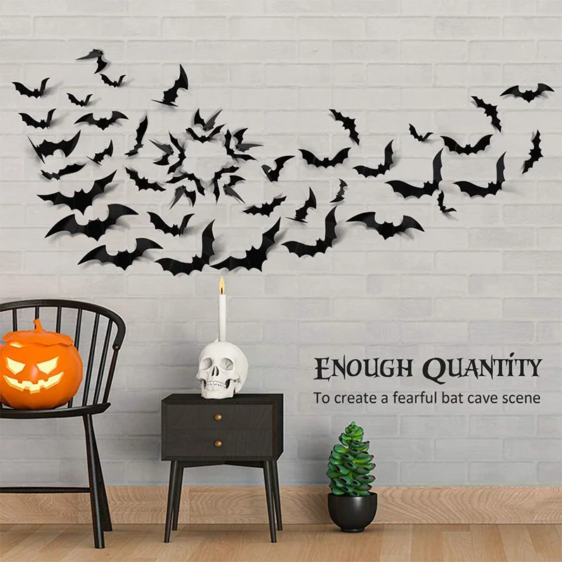 3D Black Bat Wall Stickers Set Halloween Party Essentials for Home Room Decor Window Glass Art Decals Indoor Decor