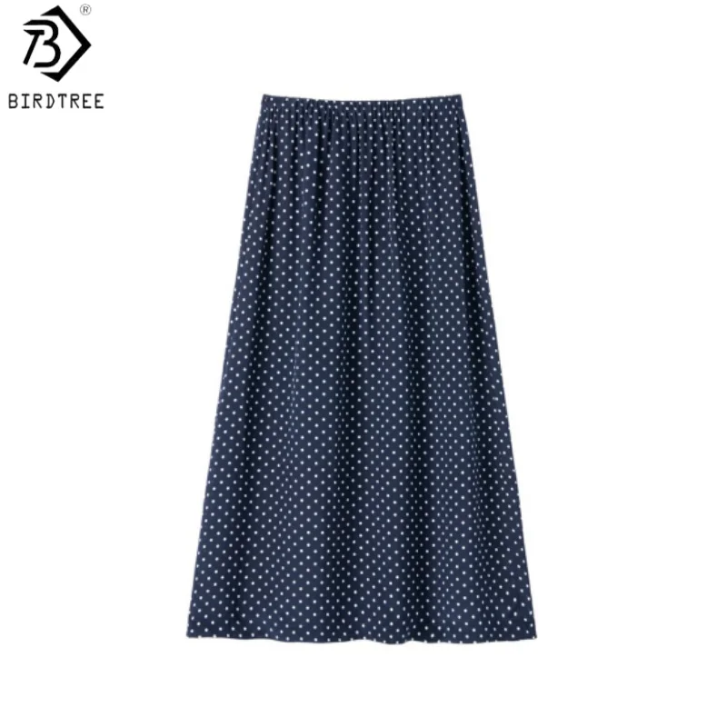 

Birdtree,100% Real Silk Double-layer Skirt,Women Double Crepe Dot Print Elastic Waist Elegant Casual Skirts,2026 New D61511JF