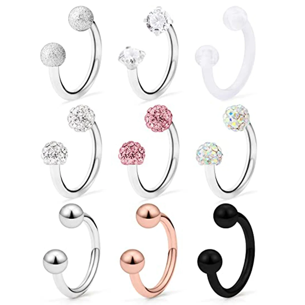 1/9PCS 16G Surgical Steel Lip Hoop Ring Crystal Cubic Horseshoe Barbell Tragus Cartilage Earring Helix Daith Septum Piercing